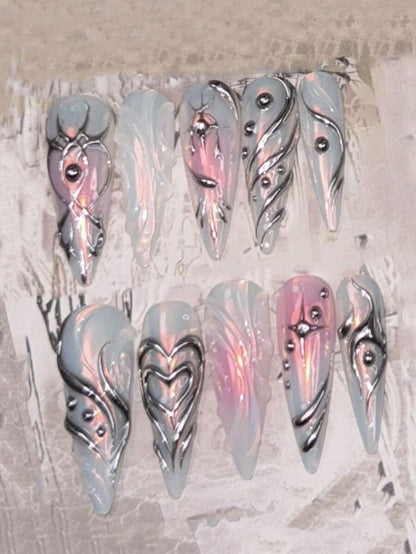 Liquid silver chrome swirl and stud stiletto press-on nail set