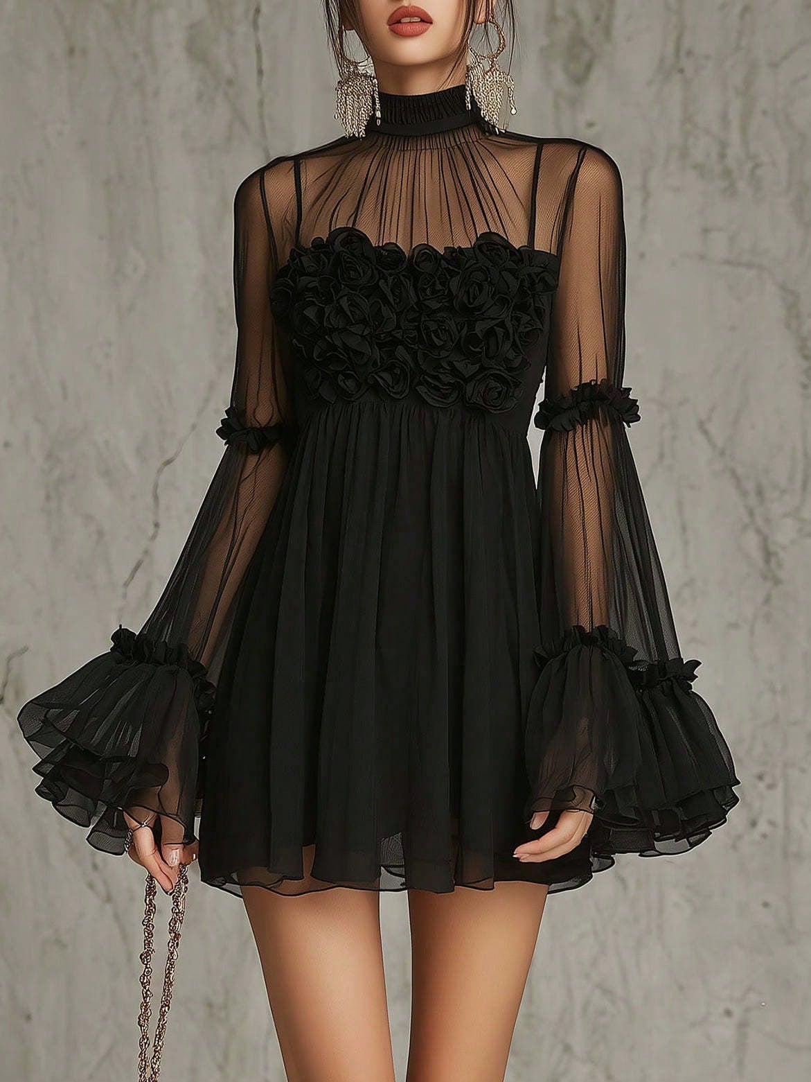 Close view of the rosette bodice and high stand collar