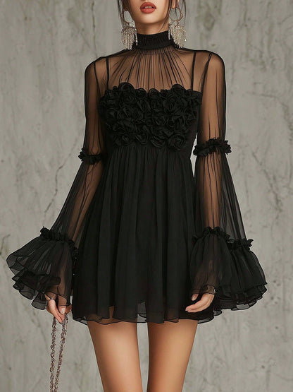 Close view of the rosette bodice and high stand collar