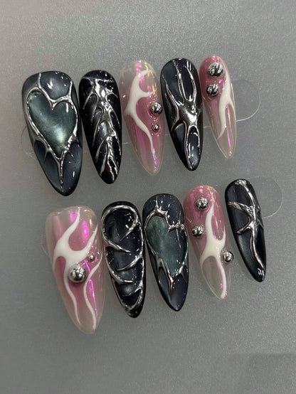 Black and pink flame long almond press-on nails with chrome heart