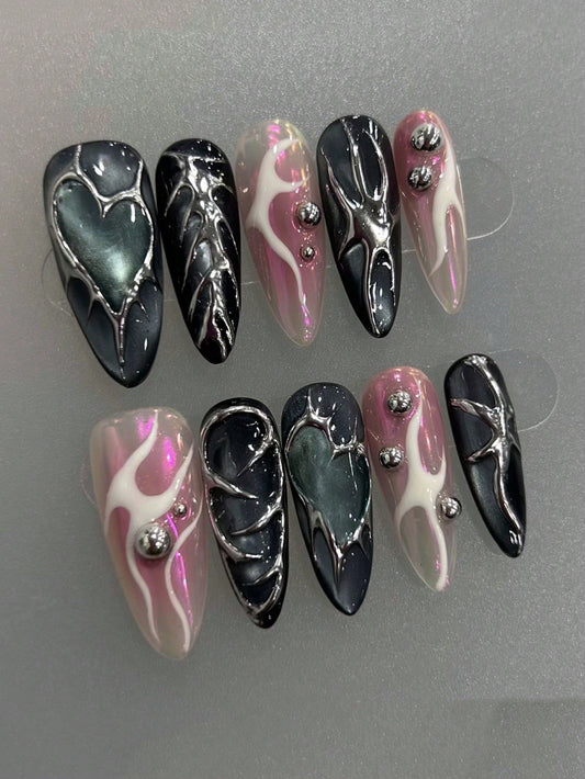 Black and pink flame long almond press-on nails with chrome heart