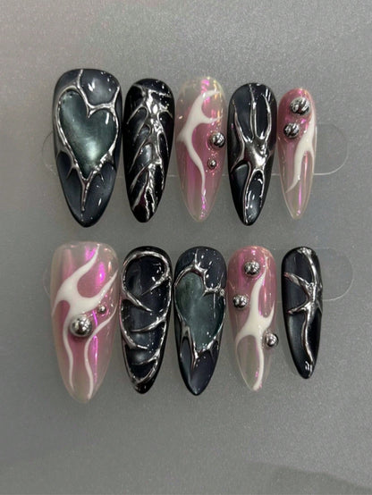 Liquid chrome cat-eye almond press-on nail set