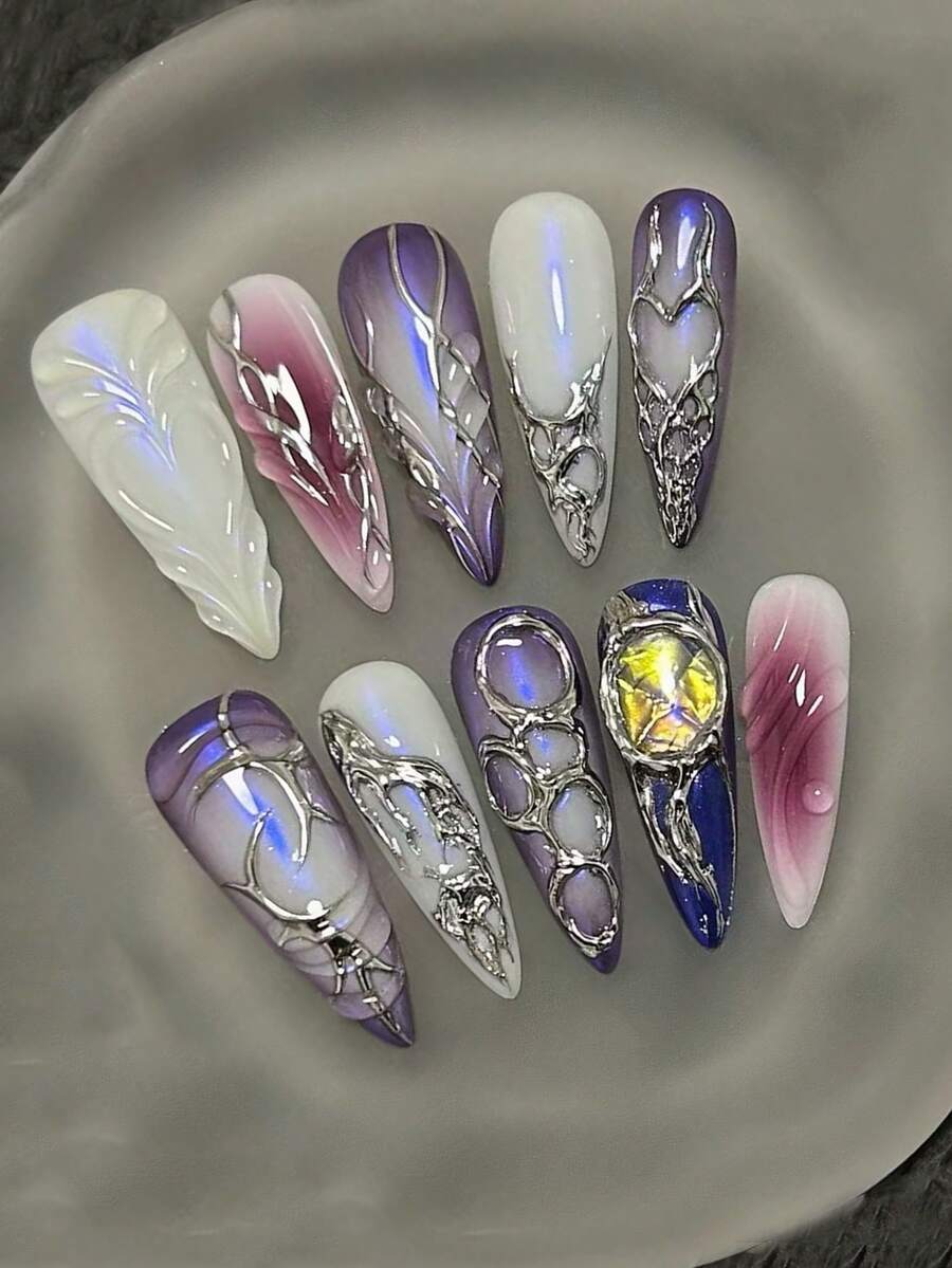 Purple pink gradient chrome stiletto press-on nails flat lay