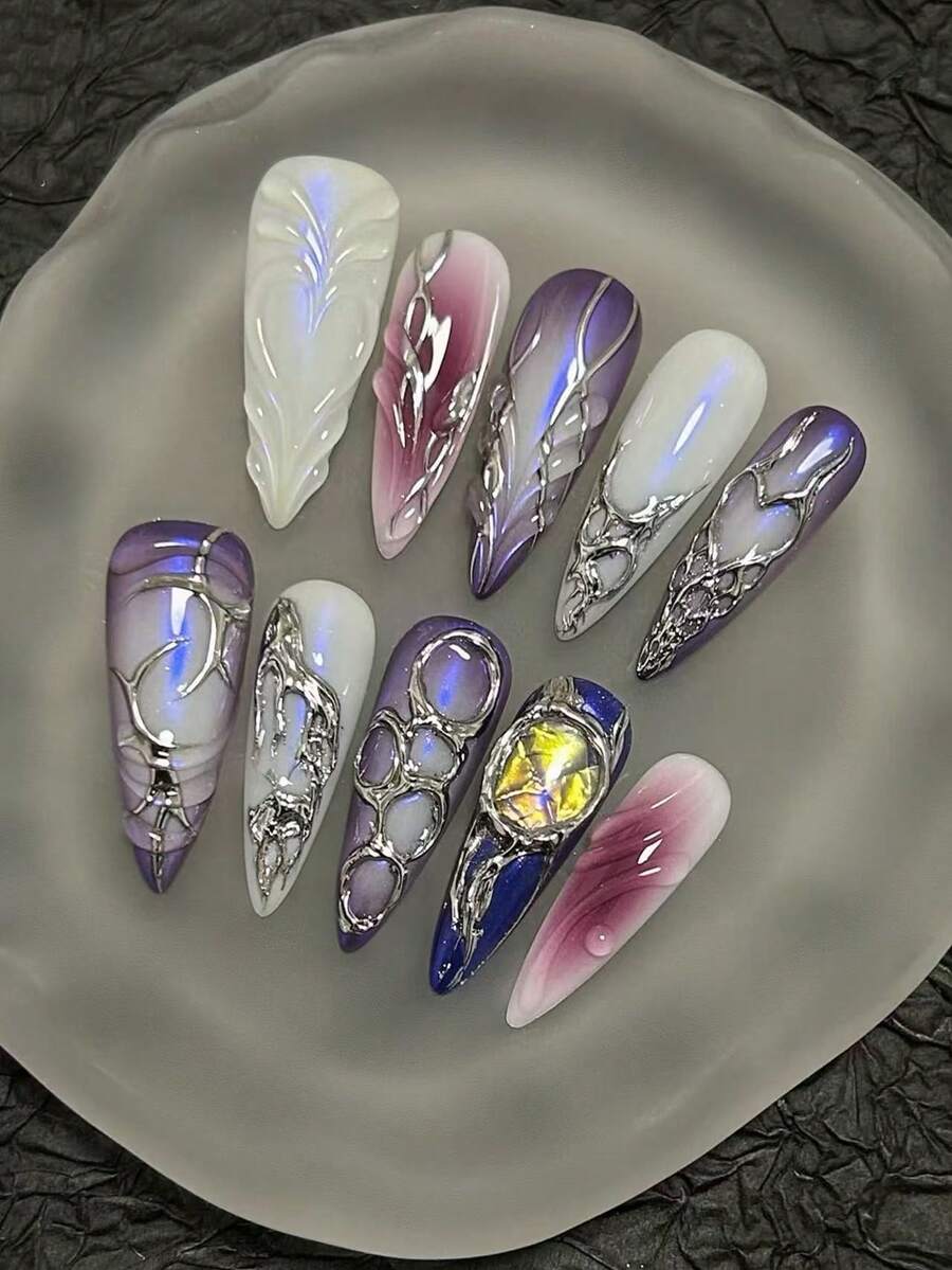 Gothic silver chrome web stiletto press-on nail set