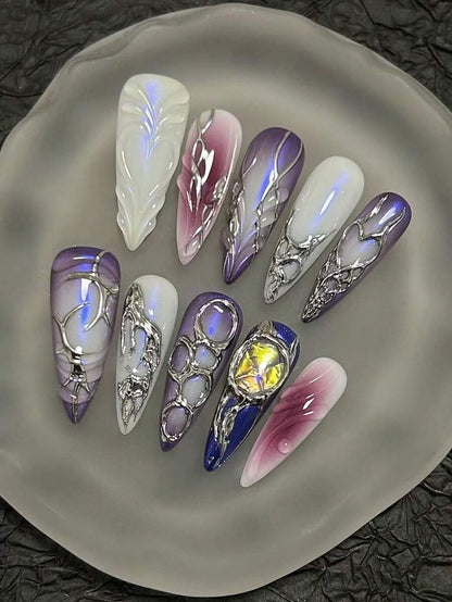 Gothic silver chrome web stiletto press-on nail set