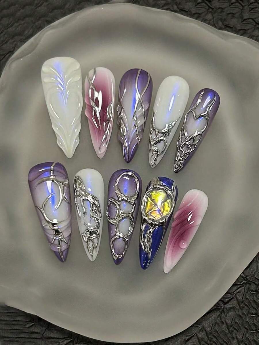 Lilac plum blush silver chrome web long stiletto press-on nails with opal gem