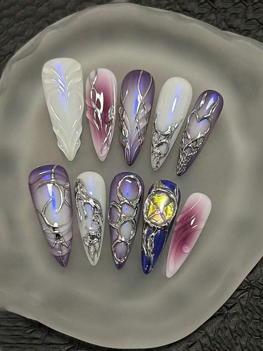 Lilac plum blush silver chrome web long stiletto press-on nails with opal gem