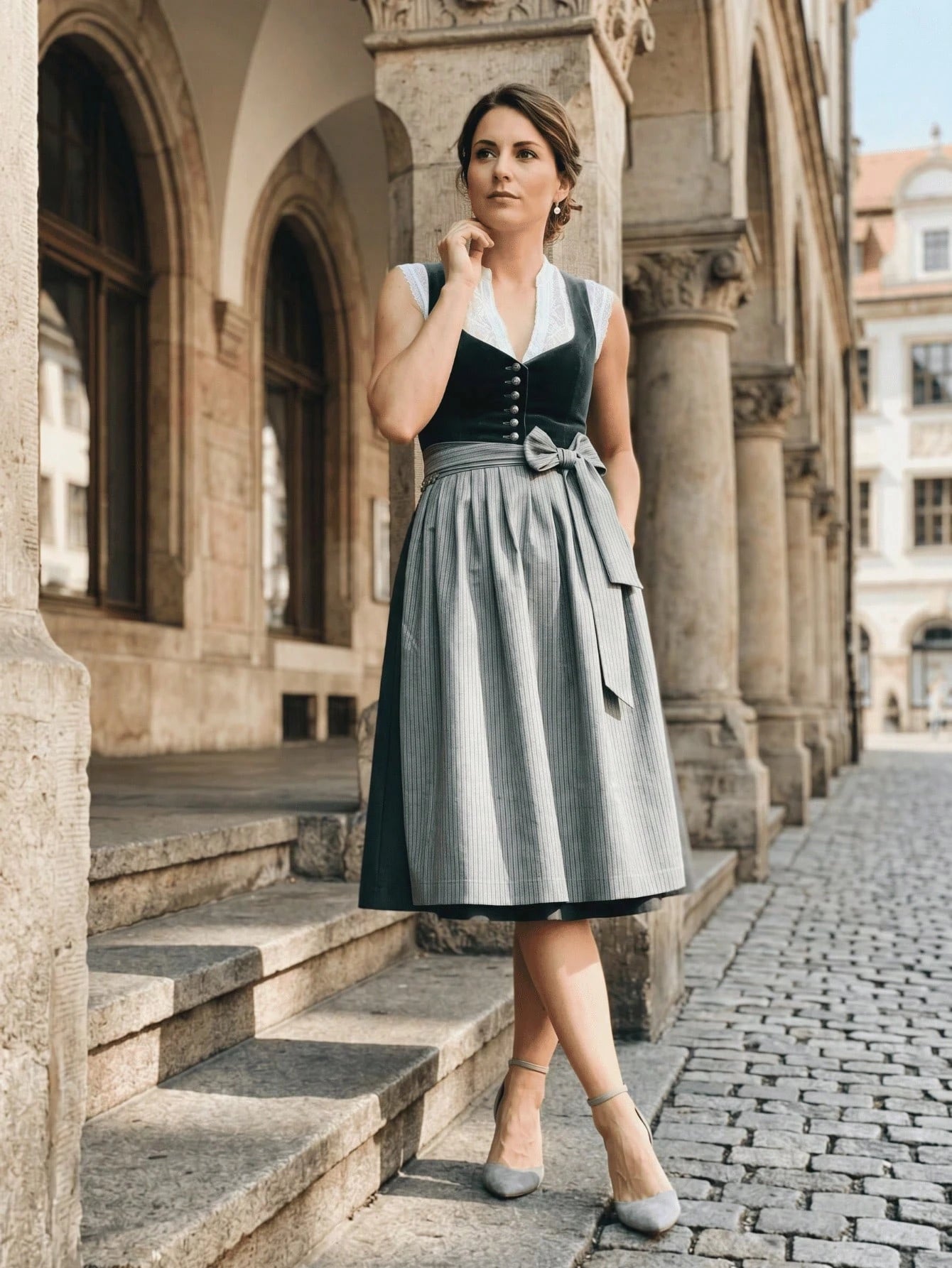 Dirndl dress shown in motion with the pleated apron skirt swinging
