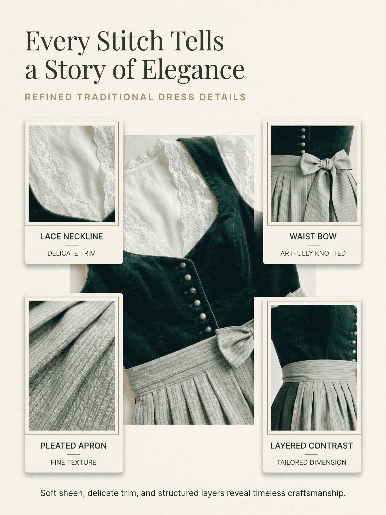 Close up details: lace neckline, waist bow, pleated apron and layered contrast skirt