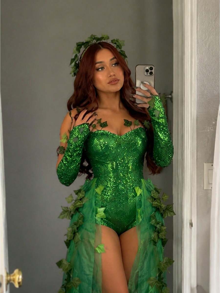 Green sequin bodysuit with ivy sheer sleeves front view