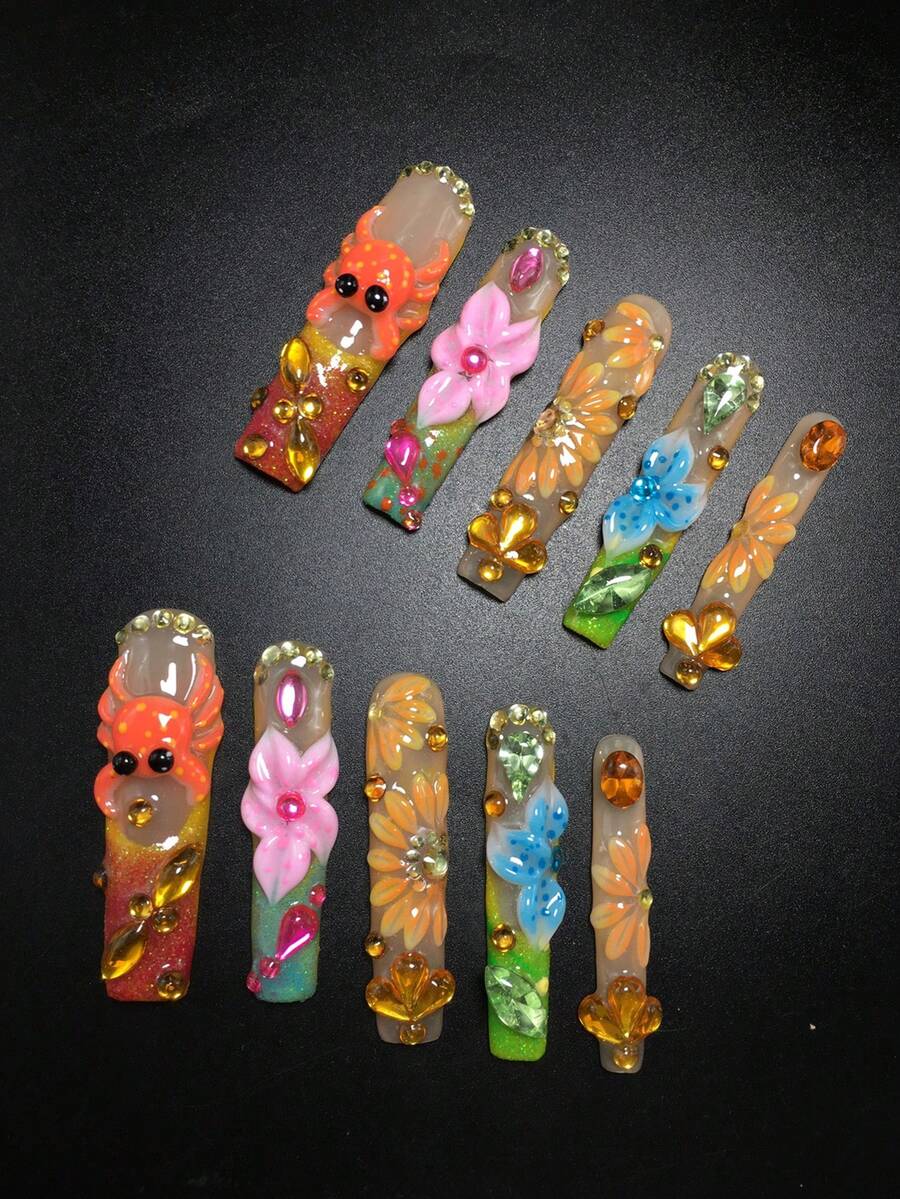 Orange pink and blue 3D flower coffin press-on nails with gold charms
