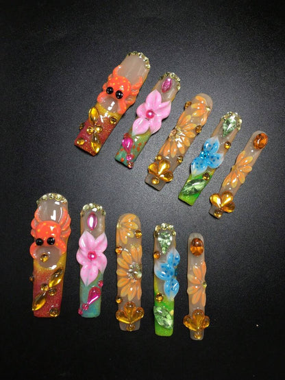 Orange pink and blue 3D flower coffin press-on nails with gold charms
