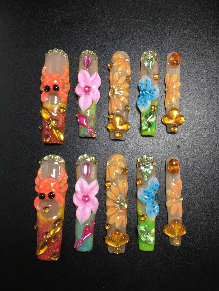 Sculpted 3D flower sunset gradient coffin press-on nail set