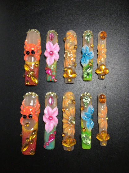 Sculpted 3D flower sunset gradient coffin press-on nail set
