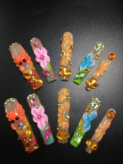 Coral pink and sky blue 3D flower extra long coffin press-on nails with amber gems