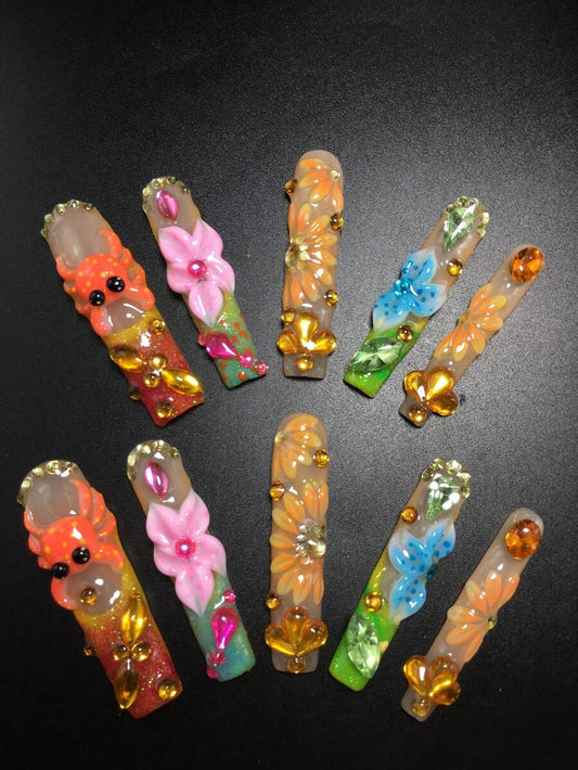 Coral pink and sky blue 3D flower extra long coffin press-on nails with amber gems