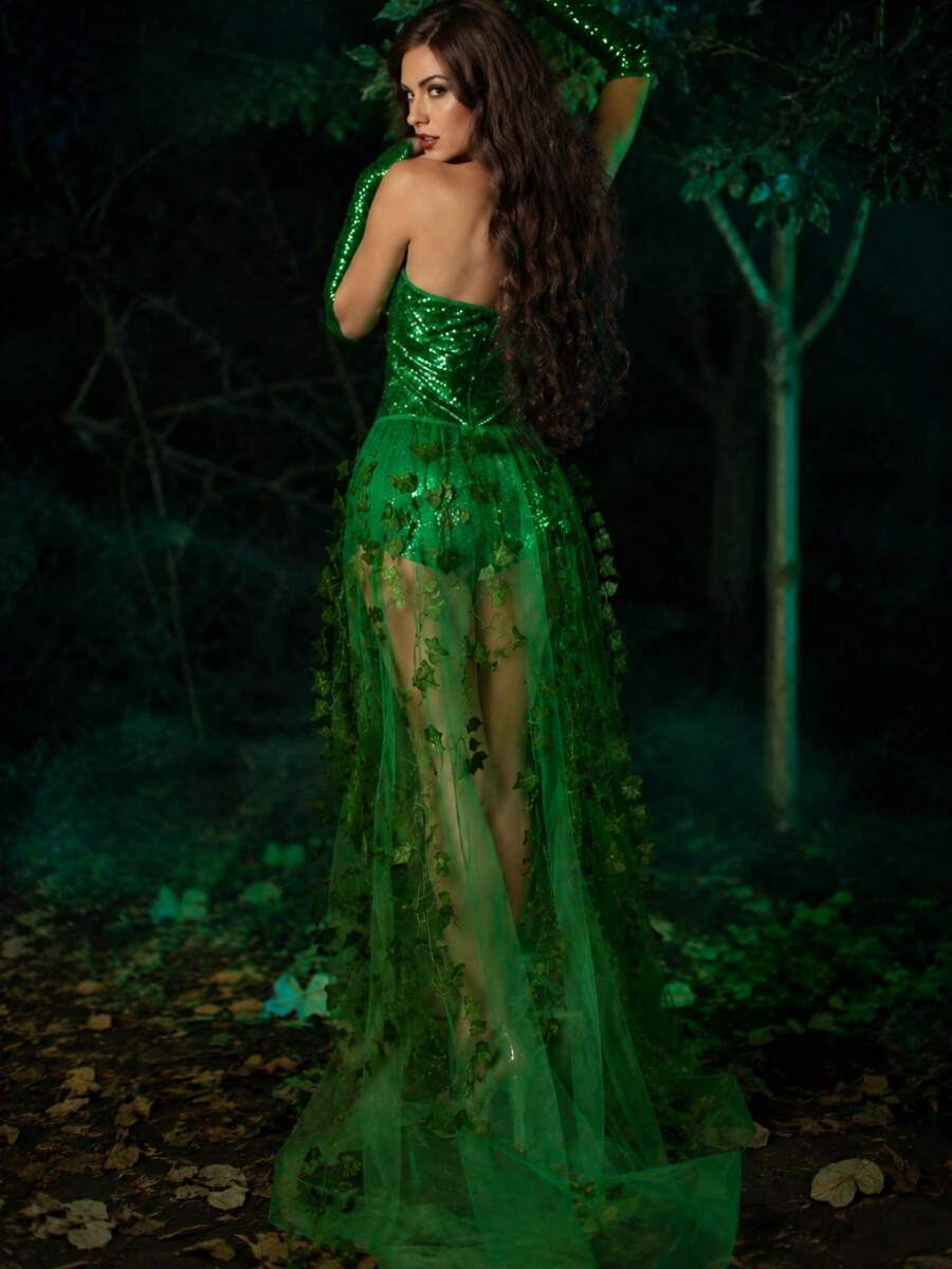 Ivy sequin bodysuit with sheer train in forest