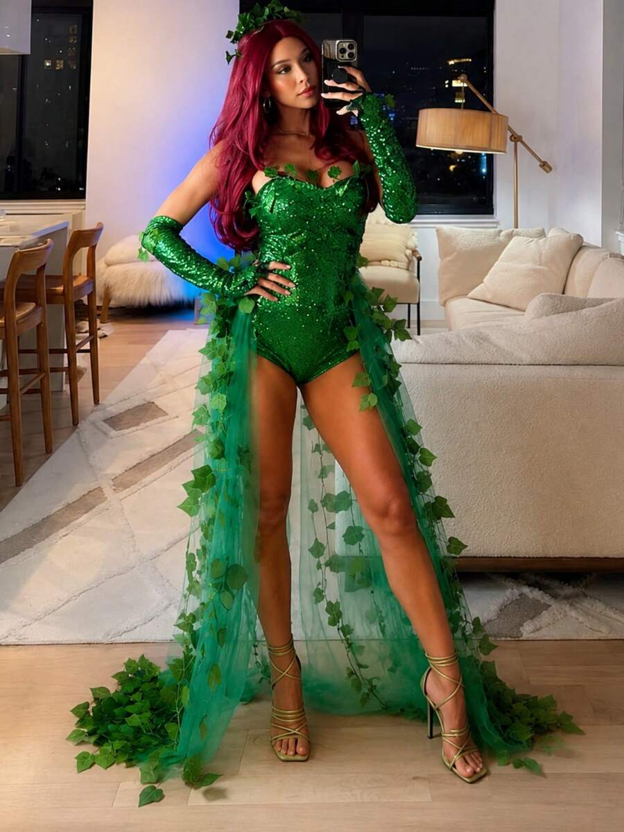 Full length view of sequin bodysuit and foliage train