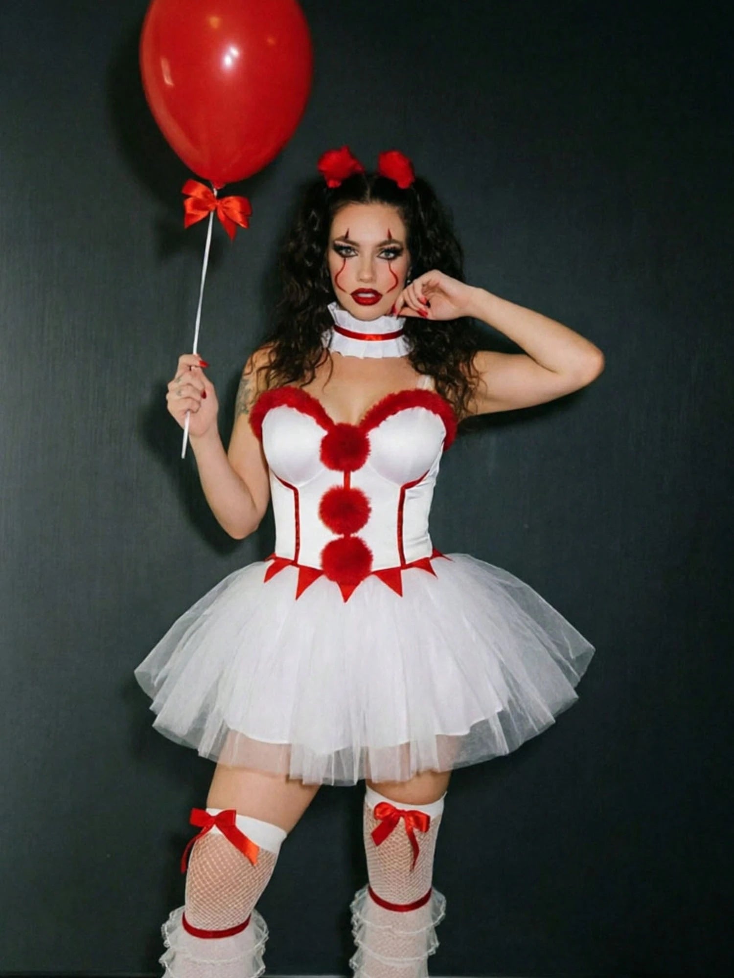 Clown costume mini dress styled with a red balloon
