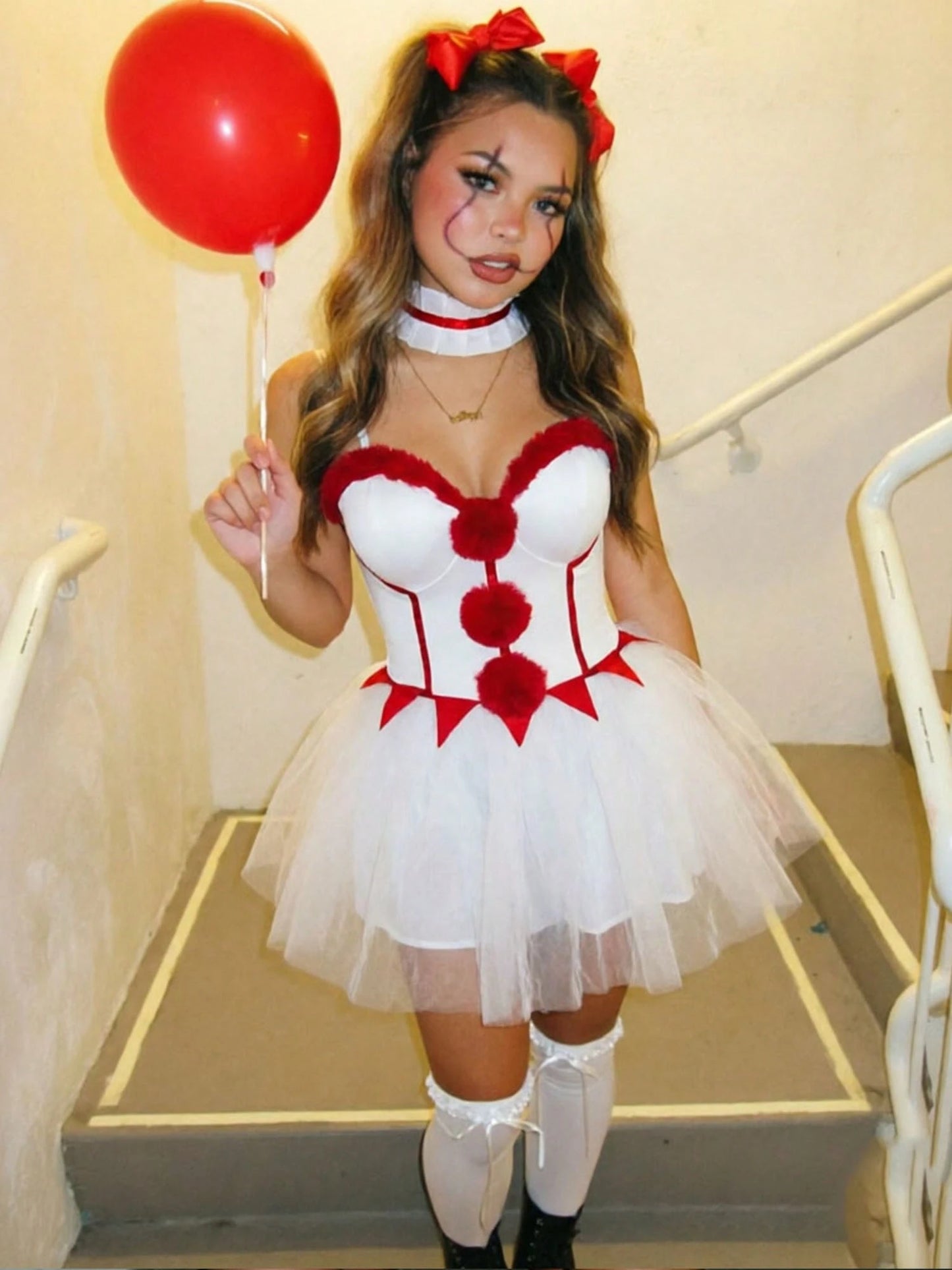 Clown costume mini dress worn with knee socks