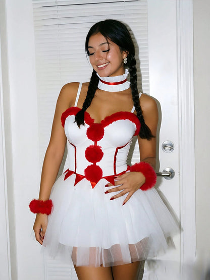 White and red pom-pom clown costume mini dress, front view