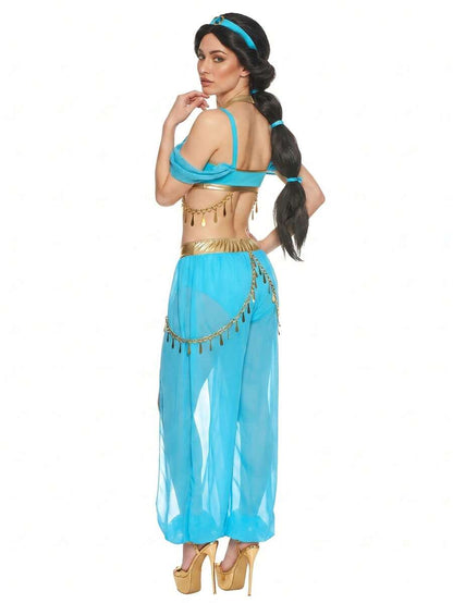 Turquoise crop top and sheer harem pants detail