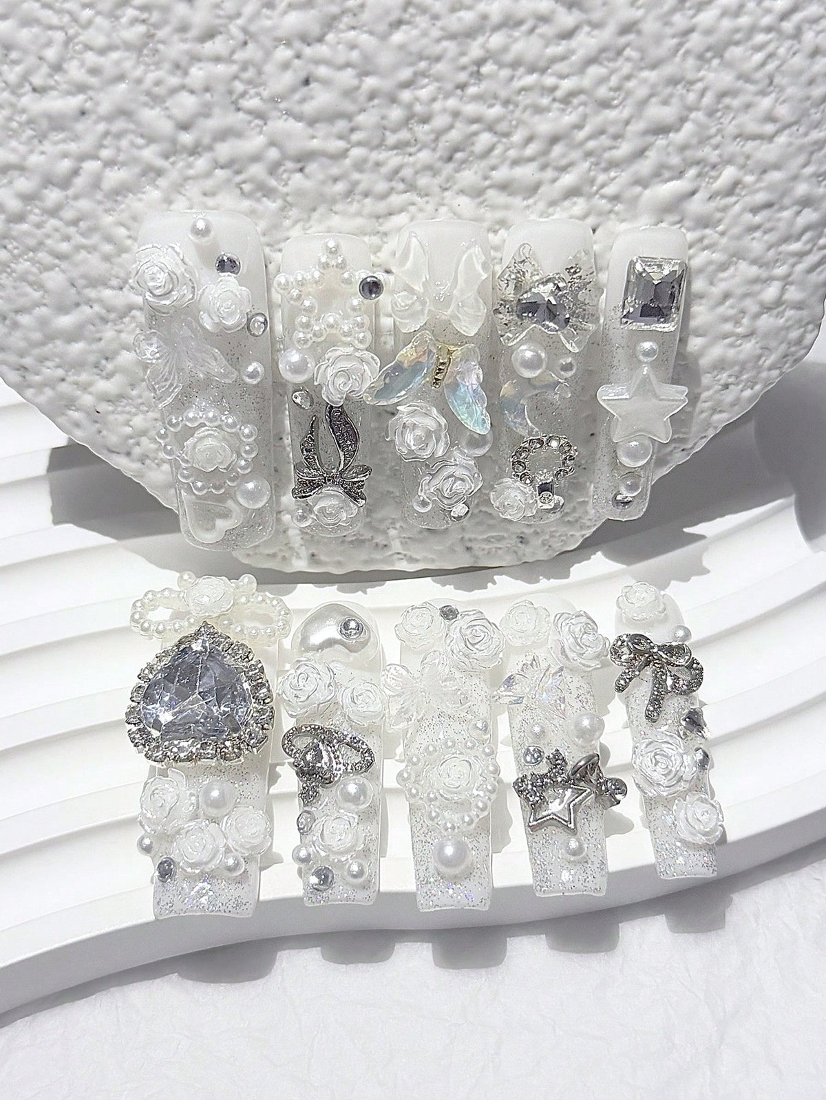 White pearl and rose press-on nails, second angle