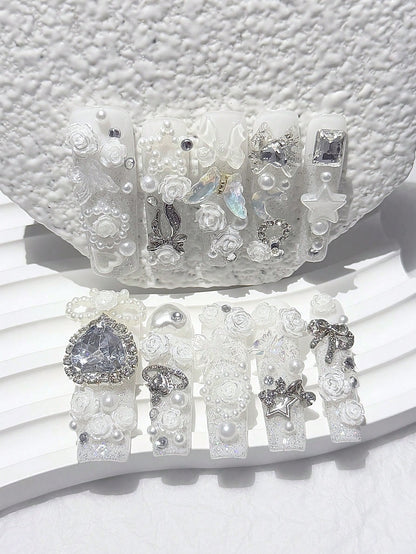 White pearl and rose press-on nails, second angle