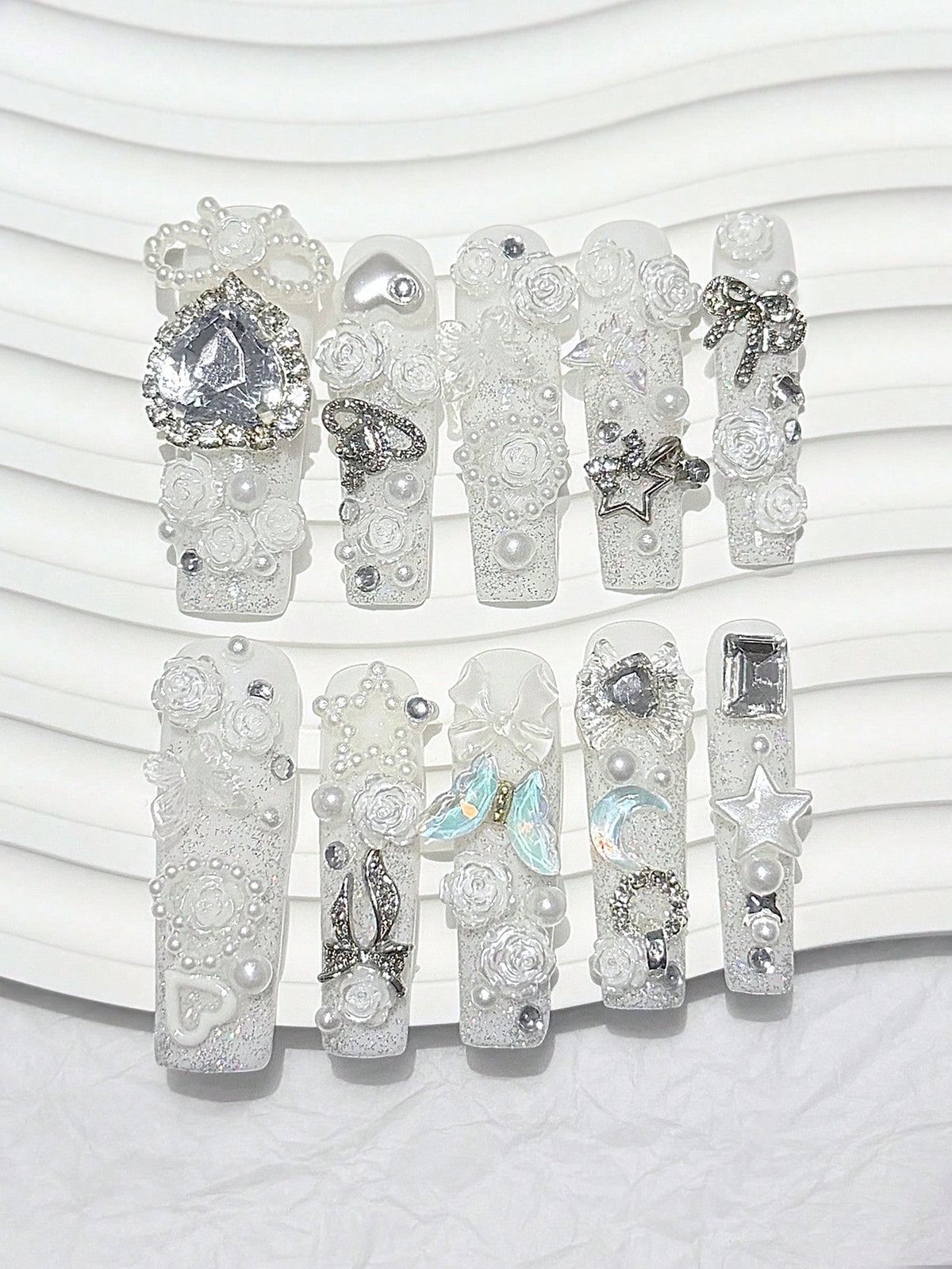 Milky white 3D rose and crystal heart extra long square press-on nails