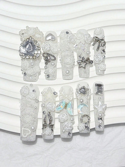 Milky white 3D rose and crystal heart extra long square press-on nails