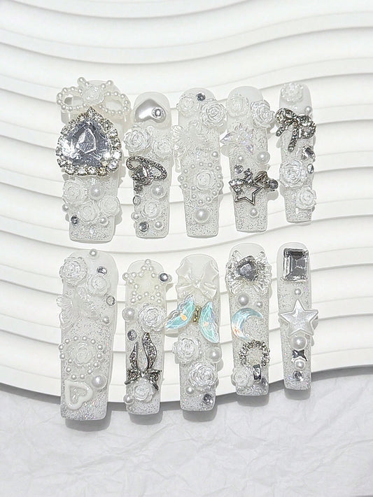 Milky white 3D rose and crystal heart extra long square press-on nails