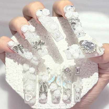 White rose press-on nails, worn