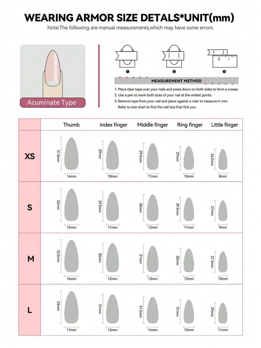 Stiletto nail size chart with nail bed widths per finger