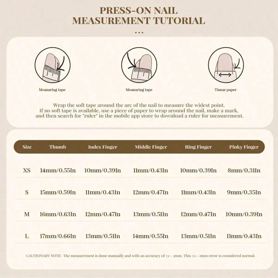 Press-on nail measurement guide with nail bed widths per finger