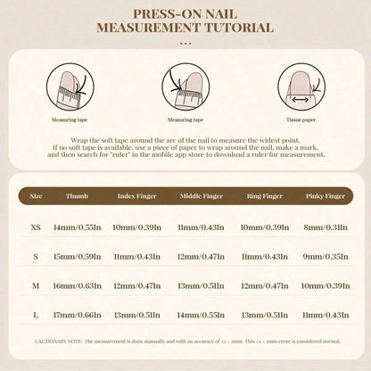 Press-on nail measurement guide with nail bed widths per finger