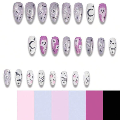 Full 24 piece set of long almond ghost press-on nails in size order