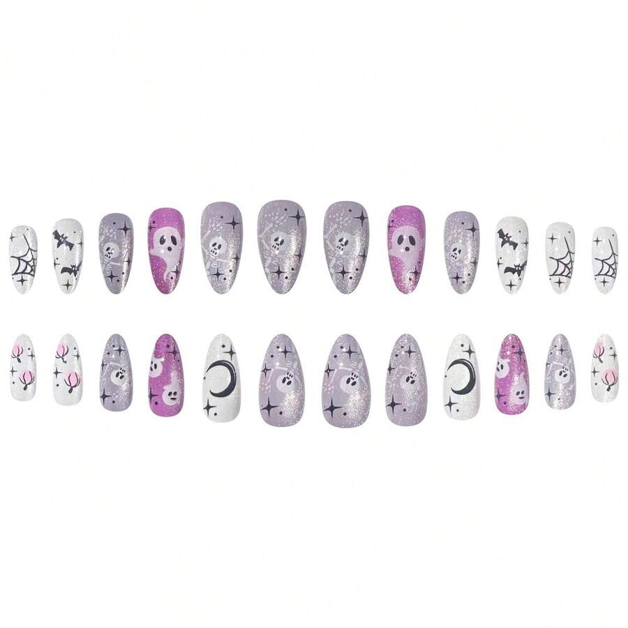 Haunting Hour press-on nail set with the lilac orchid and white colour palette
