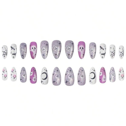 Haunting Hour press-on nail set with the lilac orchid and white colour palette