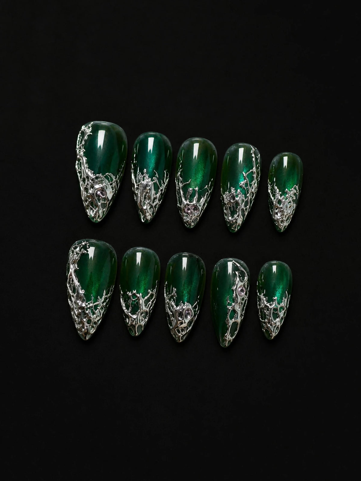 Emerald green and silver chrome almond press-on nails, full set