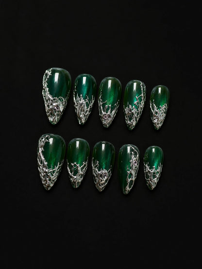 Emerald green and silver chrome almond press-on nails, full set