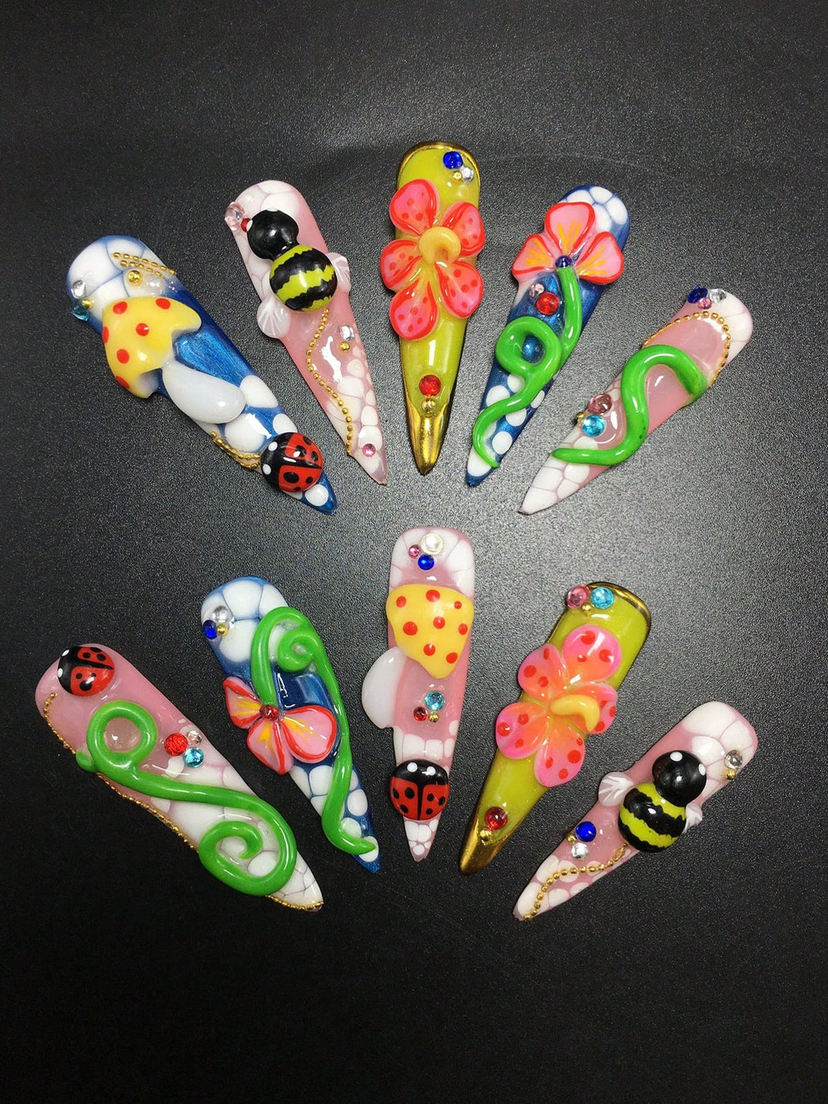 Bug Bloom 3D ladybug, bee and mushroom stiletto press-on nails
