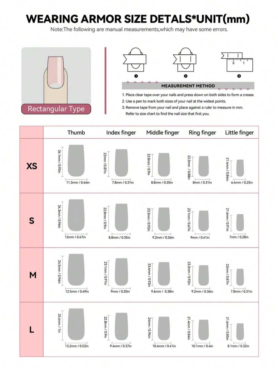 Square nail size chart with nail bed widths per finger