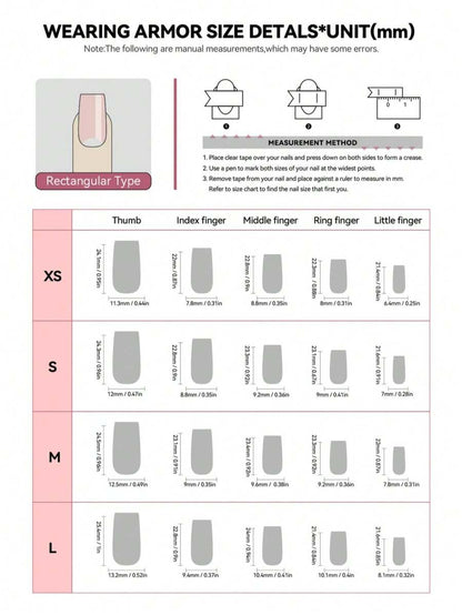 Square nail size chart with nail bed widths per finger