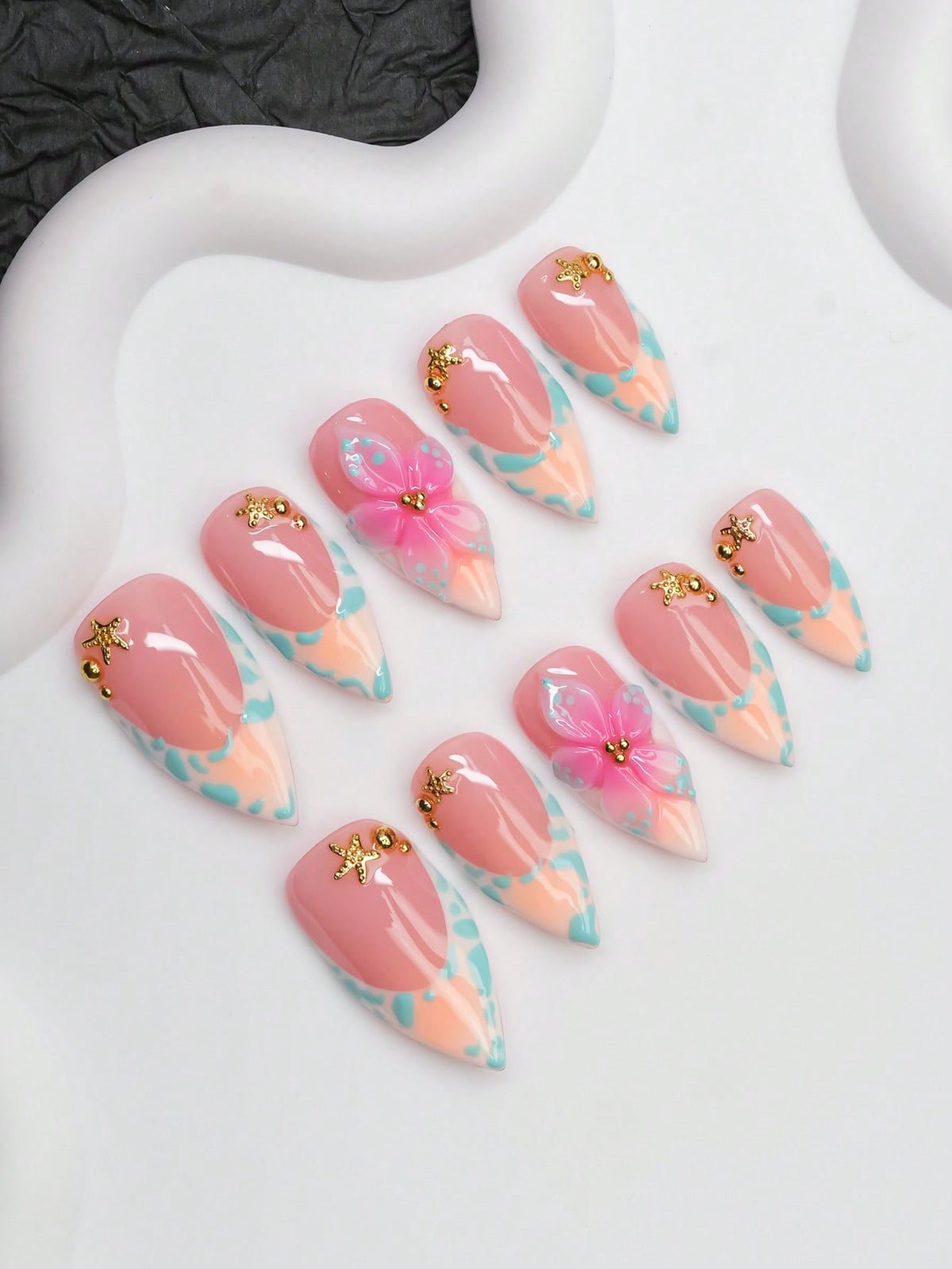 Aqua spot French tip stiletto press-on nail set