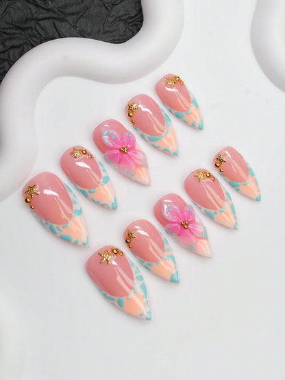 Aqua spot French tip stiletto press-on nail set