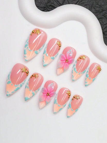 Starfish and pink flower stiletto press-on nails