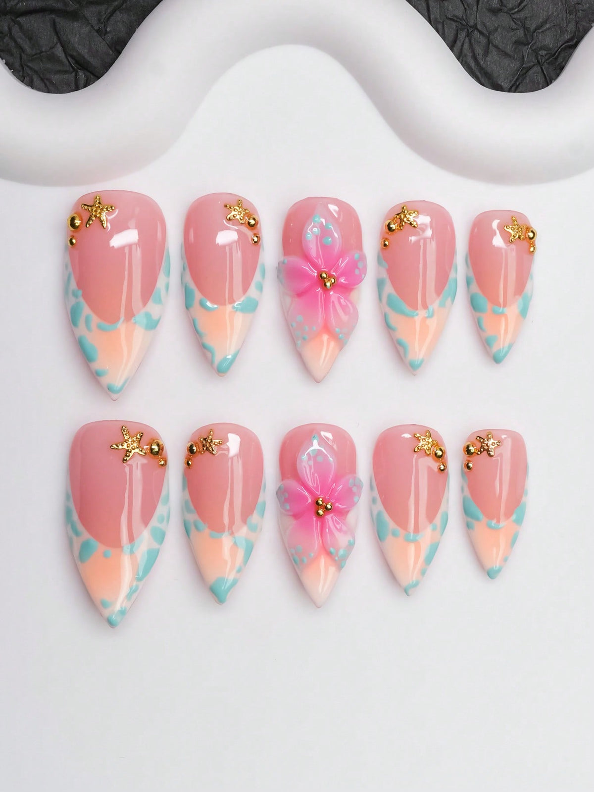Blush pink peach French long stiletto press-on nails with gold starfish and 3D flower