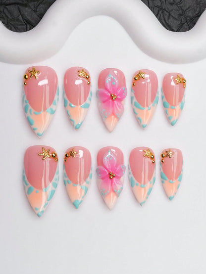 Blush pink peach French long stiletto press-on nails with gold starfish and 3D flower