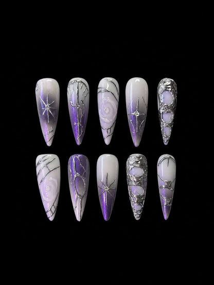 Lilac to violet silver chrome spiderweb long stiletto press-on nails