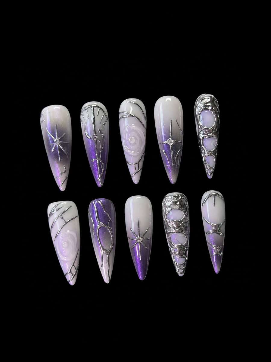 Violet gradient chrome stiletto press-on nails flat lay